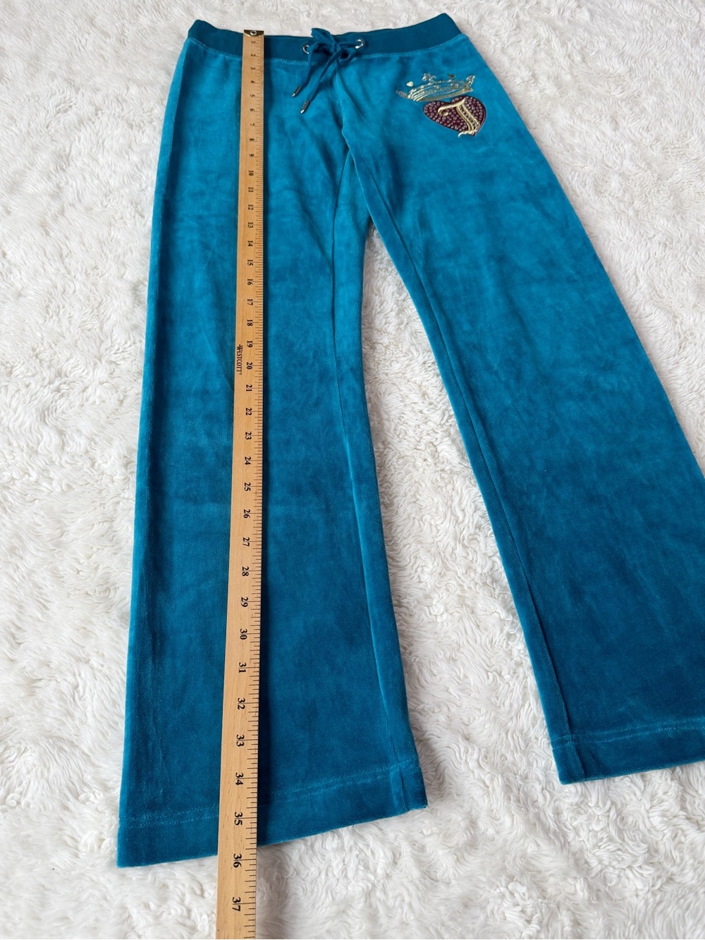 VTG Y2K 90s Juicy Couture Woman Teal Velvet Rhinestone Logo Bootcut Track Pants - Picture 5 of 9